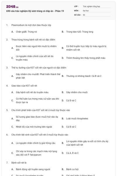 690 câu trắc nghiệm Ký sinh trùng có đáp án - Phần 19