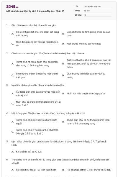 690 câu trắc nghiệm Ký sinh trùng có đáp án - Phần 21