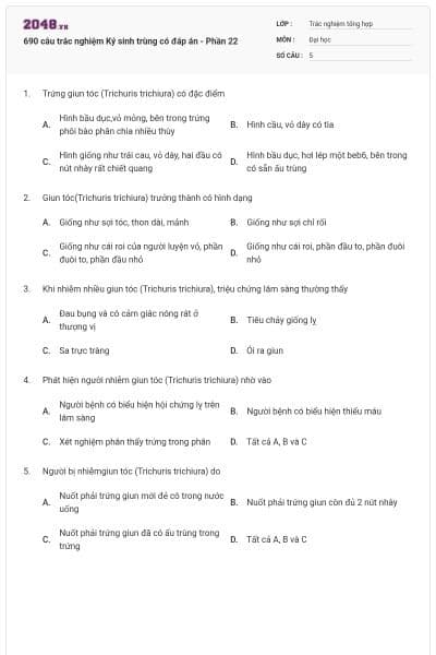 690 câu trắc nghiệm Ký sinh trùng có đáp án - Phần 22