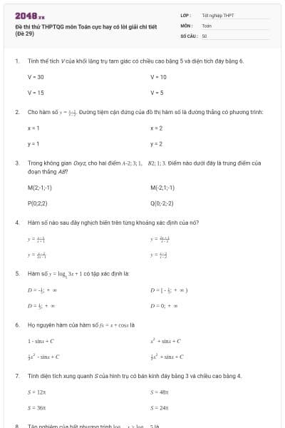 Đề thi thử THPTQG môn Toán cực hay có lời giải chi tiết (Đề 29)