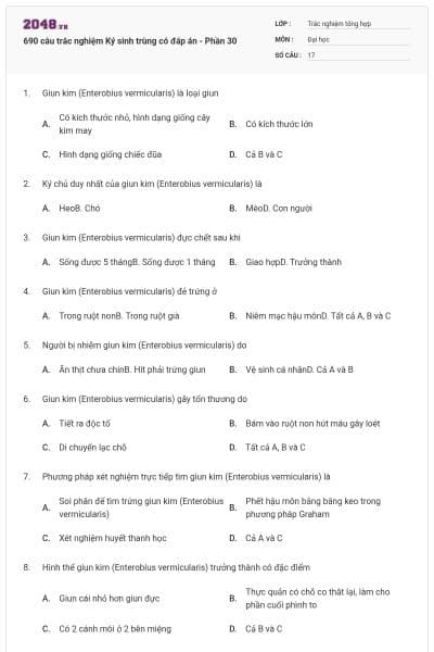 690 câu trắc nghiệm Ký sinh trùng có đáp án - Phần 30