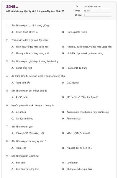 690 câu trắc nghiệm Ký sinh trùng có đáp án - Phần 31