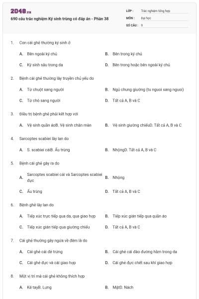 690 câu trắc nghiệm Ký sinh trùng có đáp án - Phần 38