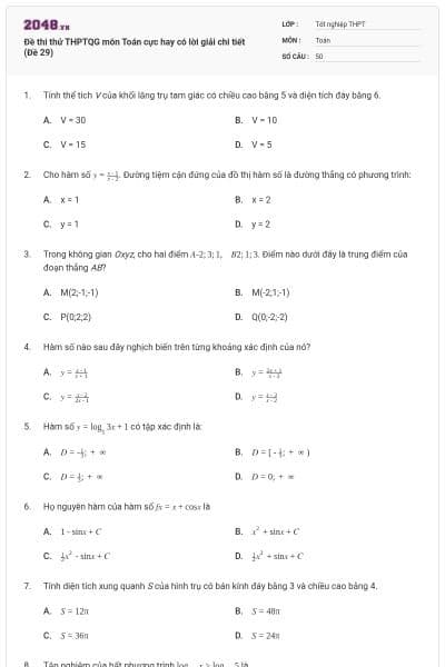 Đề thi thử THPTQG môn Toán cực hay có lời giải chi tiết (Đề 29)