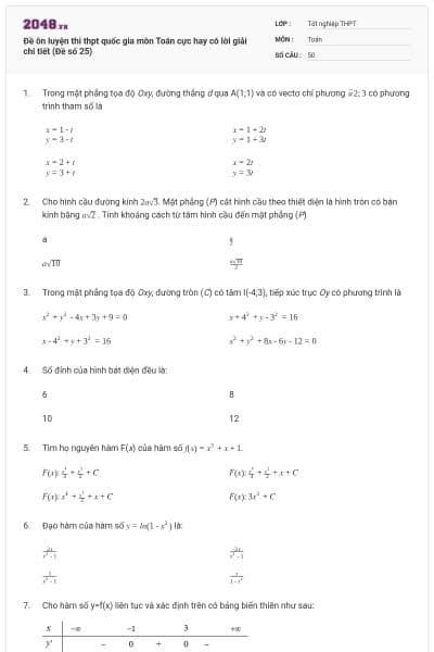 Đề ôn luyện thi thpt quốc gia môn Toán cực hay có lời giải chi tiết (Đề số 25)