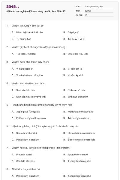 690 câu trắc nghiệm Ký sinh trùng có đáp án - Phần 43