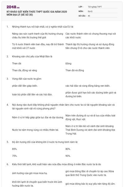 KỲ KHẢO SÁT KIẾN THỨC THPT QUỐC GIA NĂM 2020 MÔN ĐỊA LÝ (ĐỀ SỐ 30)