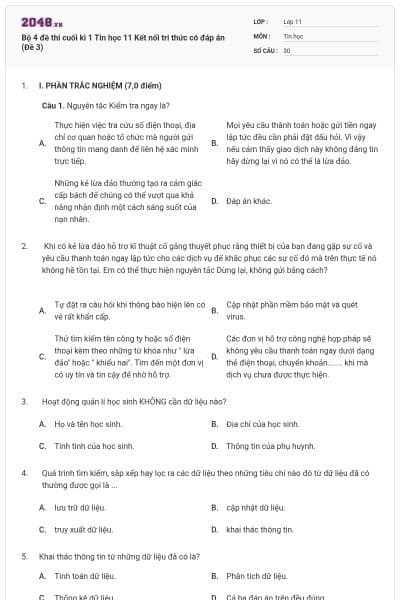Bộ 4 đề thi cuối kì 1 Tin học 11 Kết nối tri thức có đáp án (Đề 3)