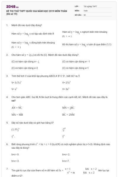 ĐỀ THI THỬ THPT QUỐC GIA NĂM HỌC 2019 MÔN TOÁN (Đề số 19)