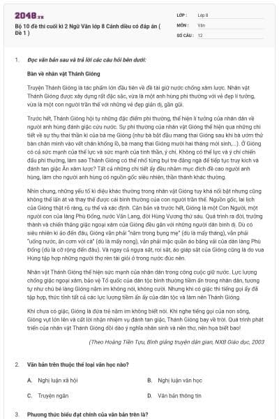 Bộ 10 đề thi cuối kì 2 Ngữ Văn lớp 8 Cánh diều có đáp án ( Đề 1 )