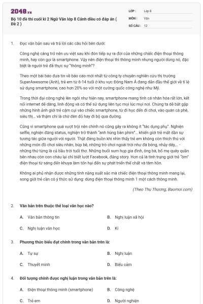 Bộ 10 đề thi cuối kì 2 Ngữ Văn lớp 8 Cánh diều có đáp án ( Đề 2 )