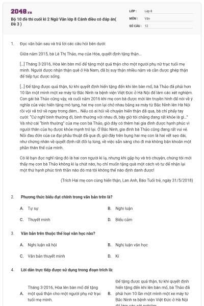 Bộ 10 đề thi cuối kì 2 Ngữ Văn lớp 8 Cánh diều có đáp án( Đề 3 )