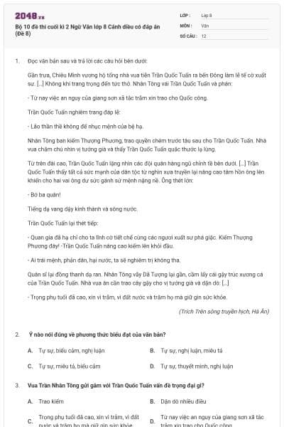 Bộ 10 đề thi cuối kì 2 Ngữ Văn lớp 8 Cánh diều có đáp án (Đề 8)