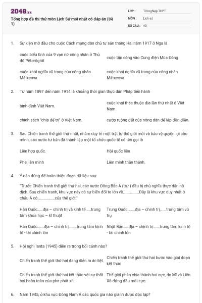 Tổng hợp đề thi thử môn Lịch Sử mới nhất có đáp án (Đề 1)
