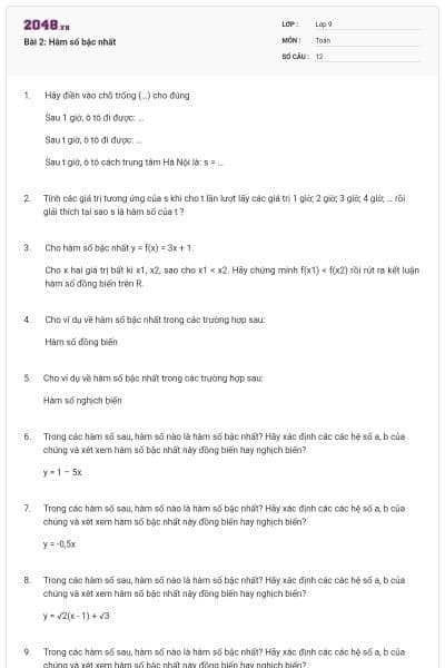 Bài 2: Hàm số bậc nhất