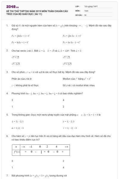 ĐỀ THI THỬ THPTQG NĂM 2019 MÔN TOÁN CHUẨN CẤU TRÚC CỦA BỘ GIÁO DỤC ( Đề 11)