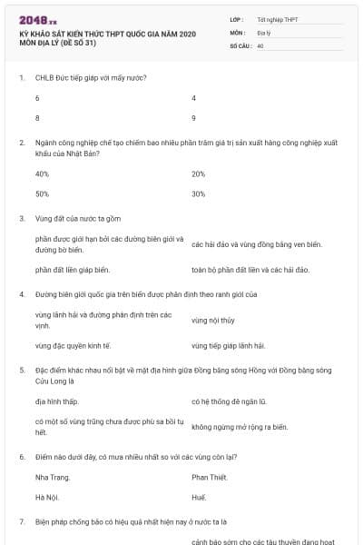 KỲ KHẢO SÁT KIẾN THỨC THPT QUỐC GIA NĂM 2020 MÔN ĐỊA LÝ (ĐỀ SỐ 31)