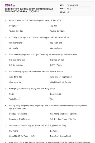 BỘ ĐỀ THI THPT QUỐC GIA CHUẨN CẤU TRÚC BỘ GIÁO DỤC & ĐÀO TẠO MÔN ĐỊA LÍ (ĐỀ SỐ 24)