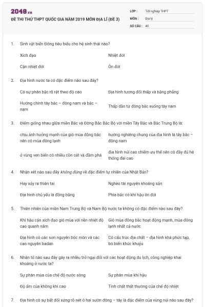 ĐỀ THI THỬ THPT QUỐC GIA NĂM 2019 MÔN ĐỊA LÍ (ĐỀ 3)