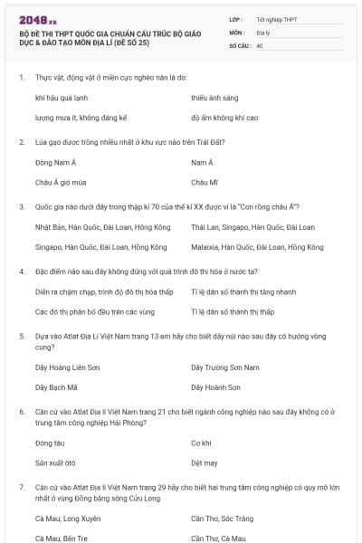 BỘ ĐỀ THI THPT QUỐC GIA CHUẨN CẤU TRÚC BỘ GIÁO DỤC & ĐÀO TẠO MÔN ĐỊA LÍ (ĐỀ SỐ 25)