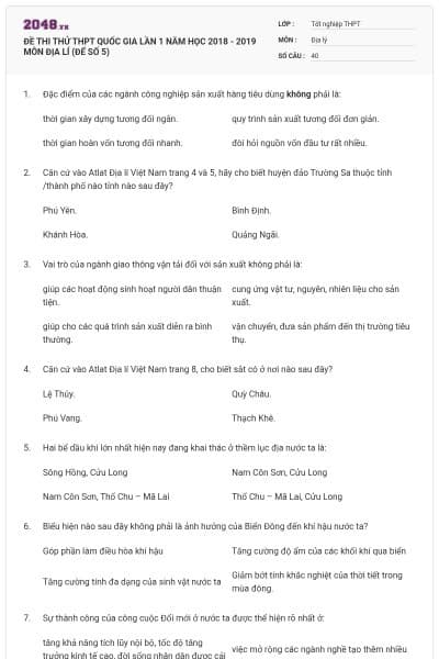 ĐỀ THI THỬ THPT QUỐC GIA LẦN 1 NĂM HỌC 2018 - 2019 MÔN ĐỊA LÍ (ĐẾ SỐ 5)