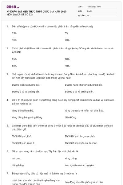 KỲ KHẢO SÁT KIẾN THỨC THPT QUỐC GIA NĂM 2020 MÔN ĐỊA LÝ (ĐỀ SỐ 32)