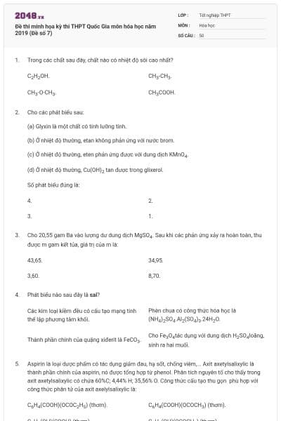 Đề thi minh họa kỳ thi THPT Quốc Gia môn hóa học năm 2019 (Đề số 7)