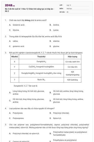 Bộ 3 đề thi cuối kì 1 Hóa 12 Chân trời sáng tạo có đáp án - Đề 2