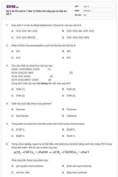 Bộ 3 đề thi cuối kì 1 Hóa 12 Chân trời sáng tạo có đáp án - Đề 3