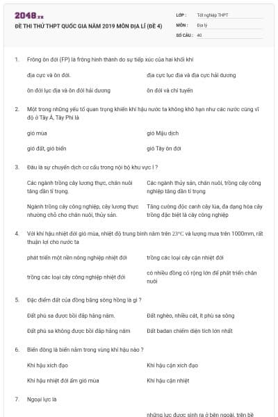 ĐỀ THI THỬ THPT QUỐC GIA NĂM 2019 MÔN ĐỊA LÍ (ĐỀ 4)