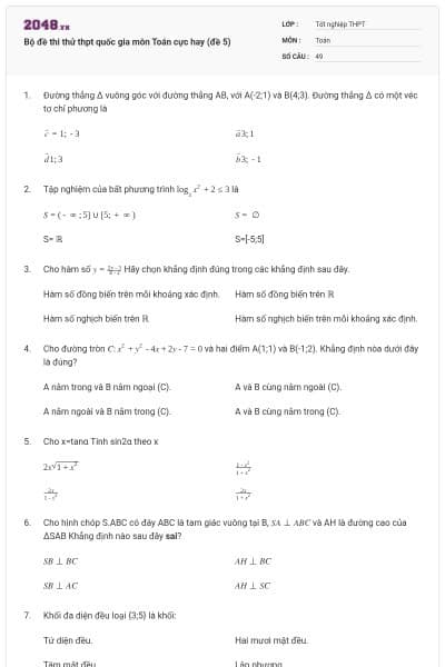 Bộ đề thi thử thpt quốc gia môn Toán cực hay (đề 5)
