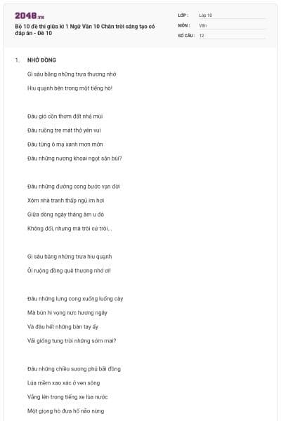 Bộ 10 đề thi giữa kì 1 Ngữ Văn 10 Chân trời sáng tạo có đáp án - Đề 10