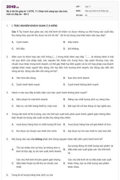 Bộ 6 đề thi giữa kì 1 KTPL 11 Chân trời sáng tạo cấu trúc mới có đáp án - Đề 3