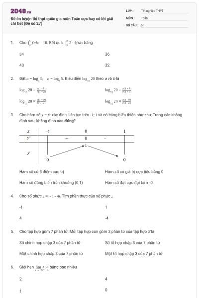 Đề ôn luyện thi thpt quốc gia môn Toán cực hay có lời giải chi tiết (Đề số 27)