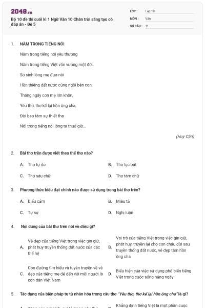 Bộ 10 đề thi cuối kì 1 Ngữ Văn 10 Chân trời sáng tạo có đáp án - Đề 5