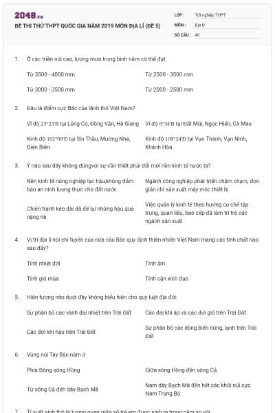 ĐỀ THI THỬ THPT QUỐC GIA NĂM 2019 MÔN ĐỊA LÍ (ĐỀ 5)