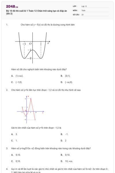 Bộ 10 đề thi cuối kì 1 Toán 12 Chân trời sáng tạo có đáp án (Đề 3)
