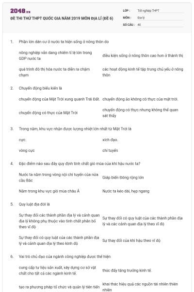 ĐỀ THI THỬ THPT QUỐC GIA NĂM 2019 MÔN ĐỊA LÍ (ĐỀ 6)