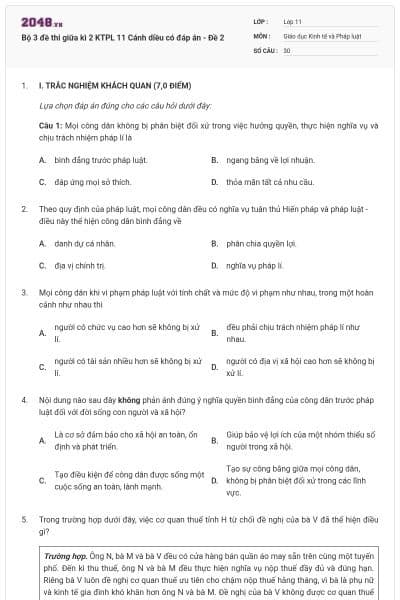Bộ 3 đề thi giữa kì 2 KTPL 11 Cánh diều có đáp án - Đề 2