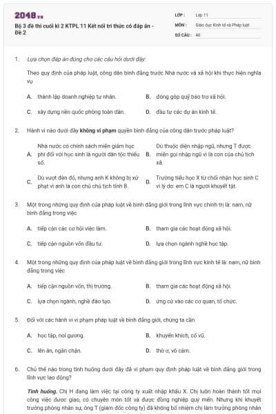 Bộ 3 đề thi cuối kì 2 KTPL 11 Kết nối tri thức có đáp án - Đề 2