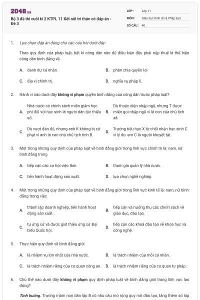 Bộ 3 đề thi cuối kì 2 KTPL 11 Kết nối tri thức có đáp án - Đề 3