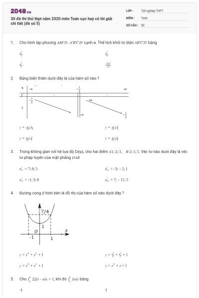 30 đề thi thử thpt năm 2020 môn Toán cực hay có lời giải chi tiết (đề số 5)