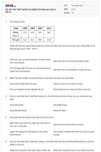 ĐỀ THI THỬ THPT QUỐC GIA NĂM 2019 Môn thi: ĐỊA LÍ (Đề 2)
