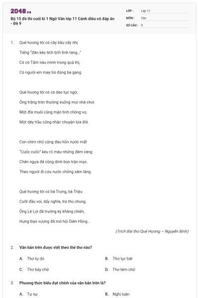 Bộ 15 đề thi cuối kì 1 Ngữ Văn lớp 11 Cánh diều có đáp án - Đề 9
