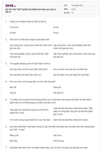 ĐỀ THI THỬ THPT QUỐC GIA NĂM 2019 Môn thi: ĐỊA LÍ (Đề 3)