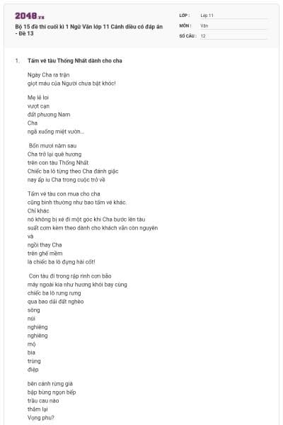 Bộ 15 đề thi cuối kì 1 Ngữ Văn lớp 11 Cánh diều có đáp án - Đề 13