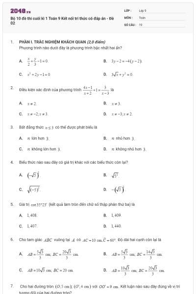 Bộ 10 đề thi cuối kì 1 Toán 9 Kết nối tri thức có đáp án - Đề 02