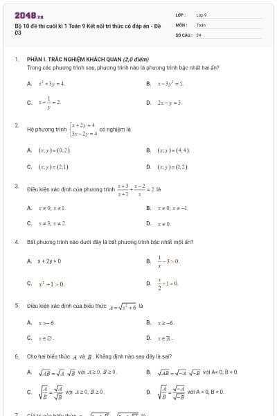 Bộ 10 đề thi cuối kì 1 Toán 9 Kết nối tri thức có đáp án - Đề 03