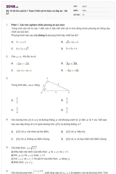 Bộ 10 đề thi cuối kì 1 Toán 9 Kết nối tri thức có đáp án - Đề 07
