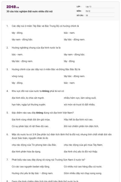 30 câu trắc nghiệm Đất nước nhiều đồi núi